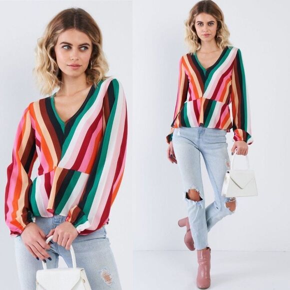 2/$30 Molly Green Bright Rainbow Stripe Balloon Sleeve Retro Top Blouse Small - Picture 1 of 9